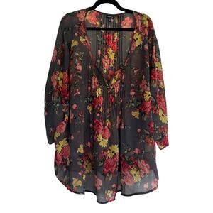 Torrid Floral Striped V Neck Blouse Dark Gray Yellow Red Size 5